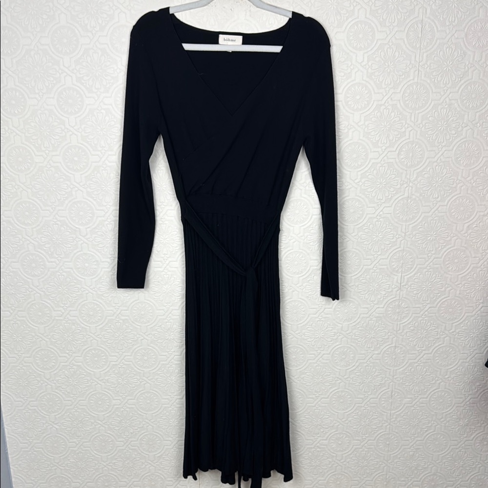 Bohme Ling Sleeve Black Pleated Dress‎ Midi Small Vneck Wrap Casual Easy Comfort